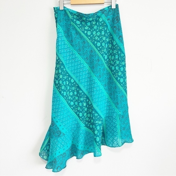 Worthington Petite Blue/Teal Floral Asymmetrical Paisley Ruffled Skirt 10P - Picture 2 of 9